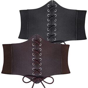 2 Pack Black & Brown Leather Elastic Wide Stretch Belts Corset Halloween Costume